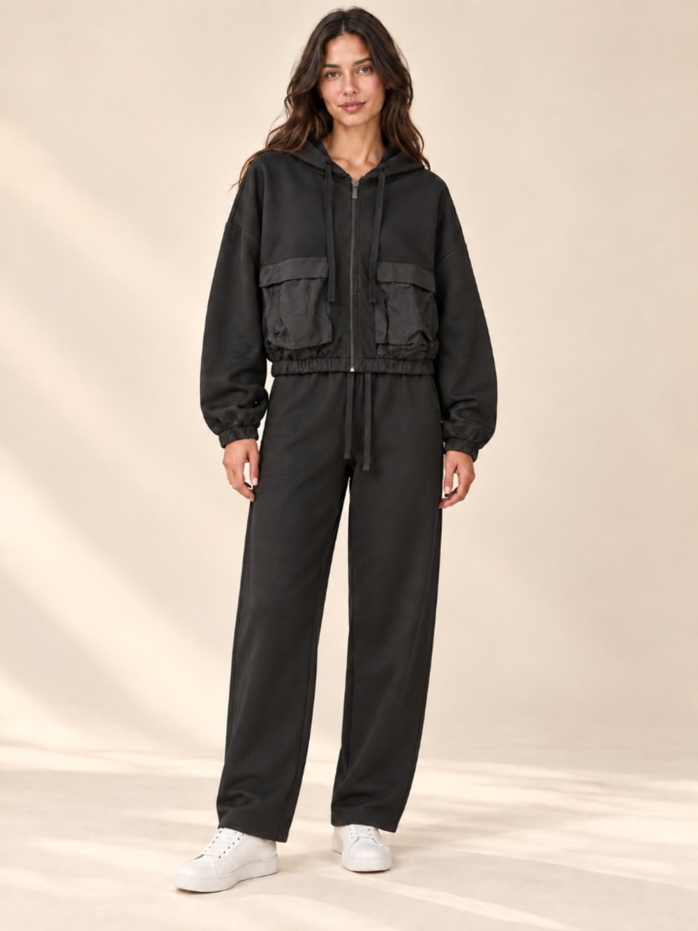 Zenana Black Cargo Pocket Hoodie &  Pants Curated Set